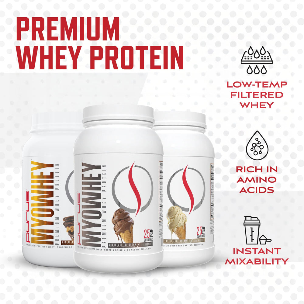 Purus Labs MyoWhey serving scoop beside powder for convenient on the go protein