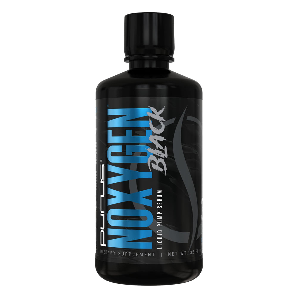 Purus Labs NOXygen Black bottle pour, blue raspberry flavor, smooth pre-workout pumps