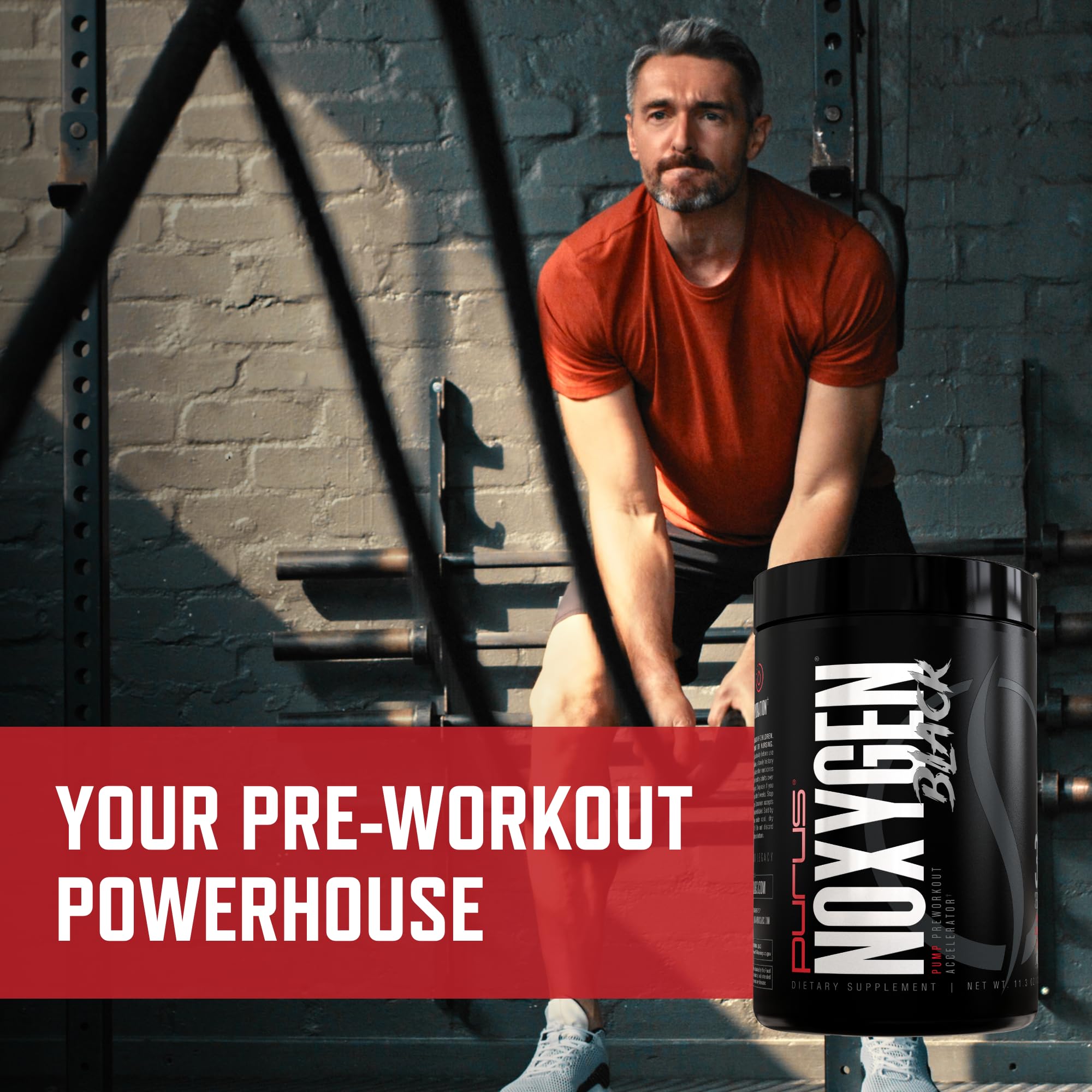Purus Labs NOXygen Black Powder in-use demonstrates a gym-ready pre-workout stack.