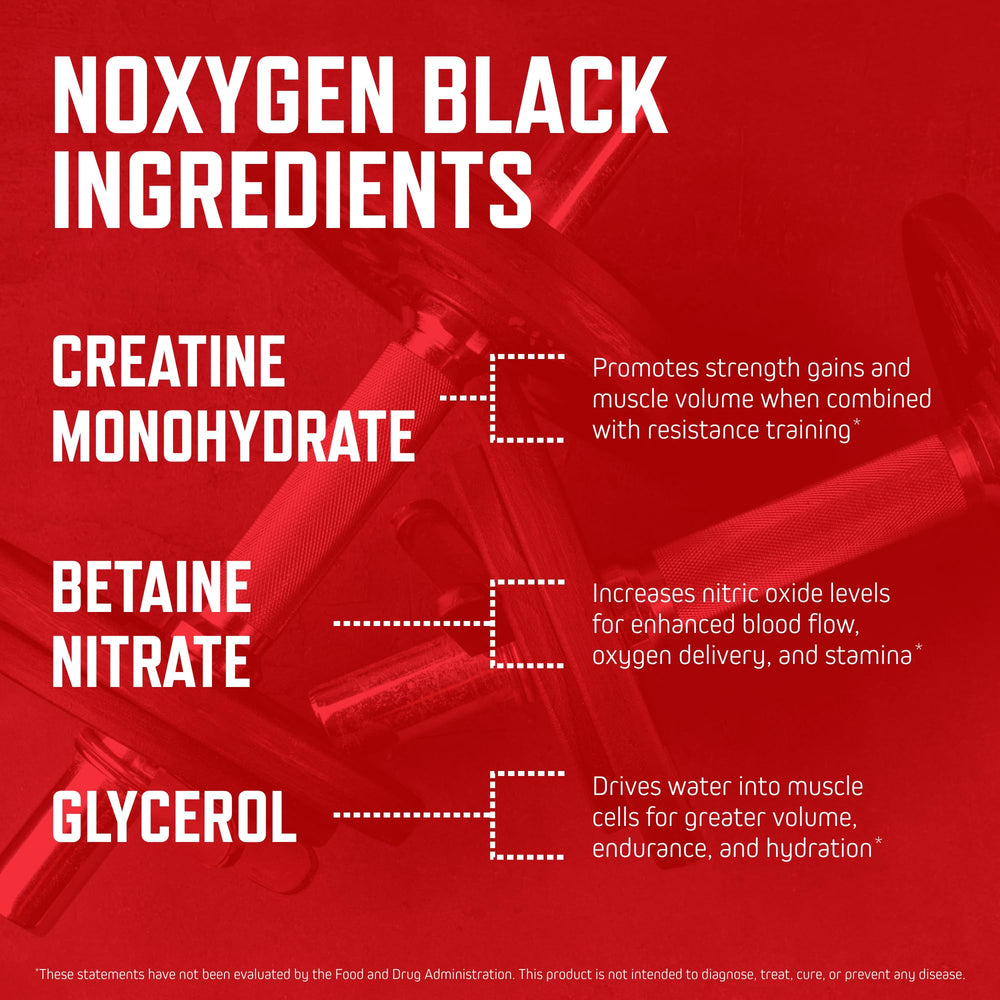 Purus Labs NOXygen Black Powder label close-up highlights transparent ingredient list.