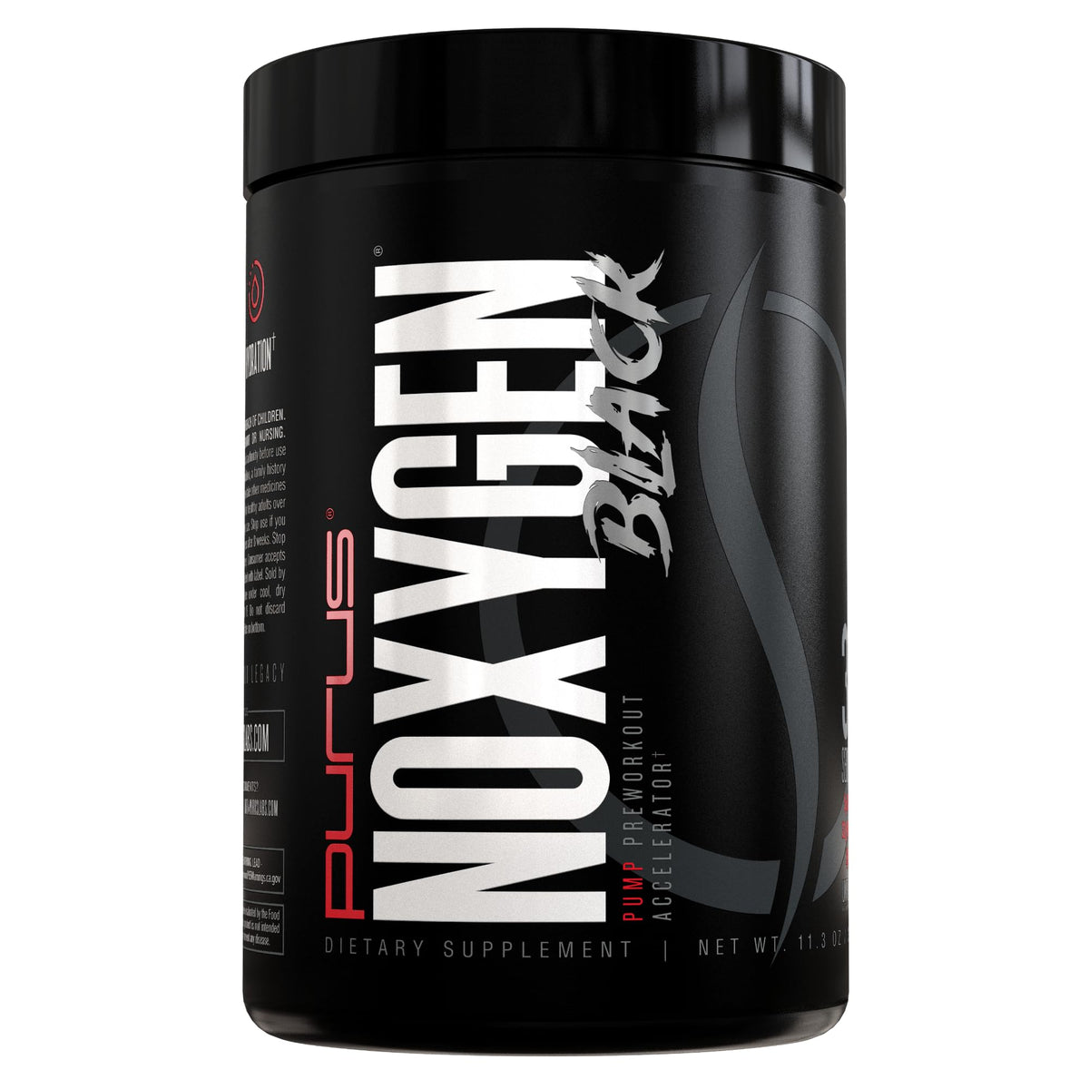 Purus Labs NOXygen Black Powder package front shows stimulant-free preworkout option.