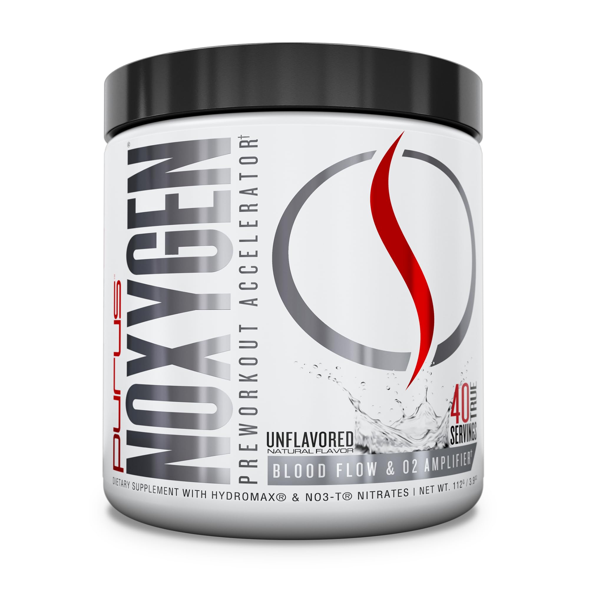 Purus Labs NOXYGEN powder bottle shows a stimulant-free preworkout option.