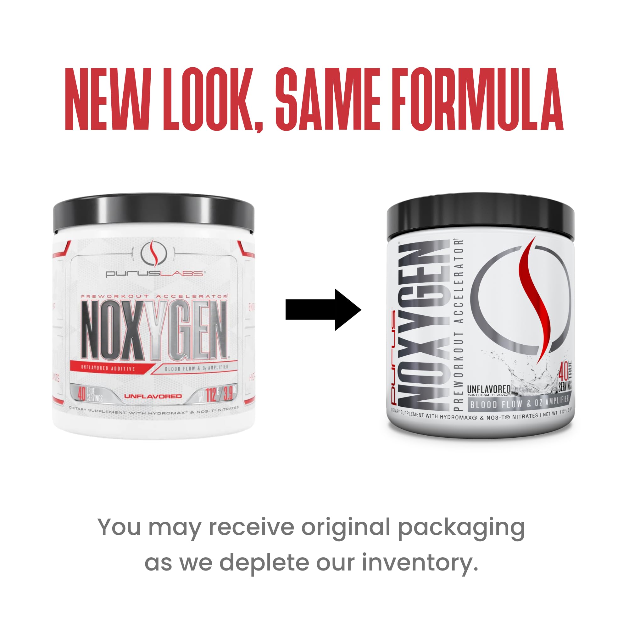 Purus Labs NOXYGEN powder label emphasizes hydroMax glycerol and nitratene ingredients.