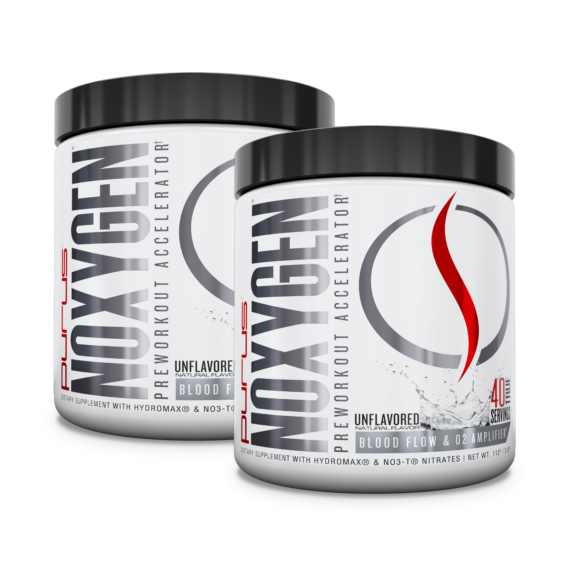 Purus Labs NOXYGEN powder in an unflavored bottle for workouts.