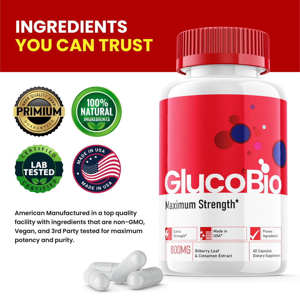 Purvia Glucobio label close-up shows USA-made quality