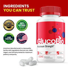 Purvia Glucobio label close-up shows USA-made quality