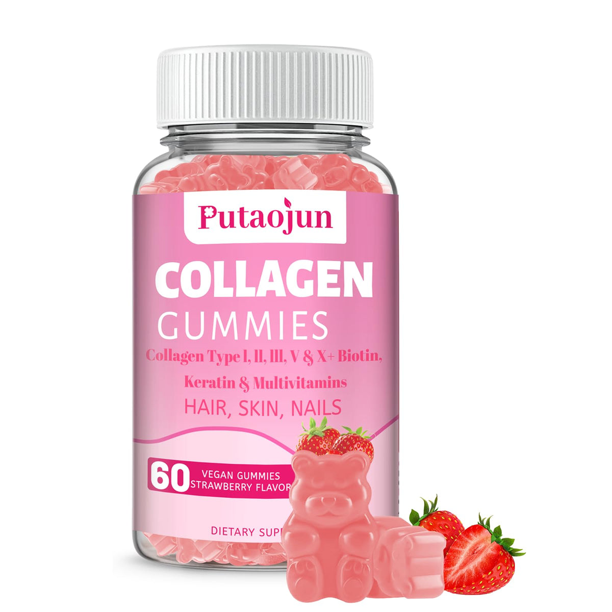 Putaojun Collagen Gummies strawberry bottle supports healthy skin and hair.