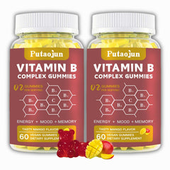Putaojun Vitamin B Complex Gummies bottle close-up highlighting mango flavor for daily energy.