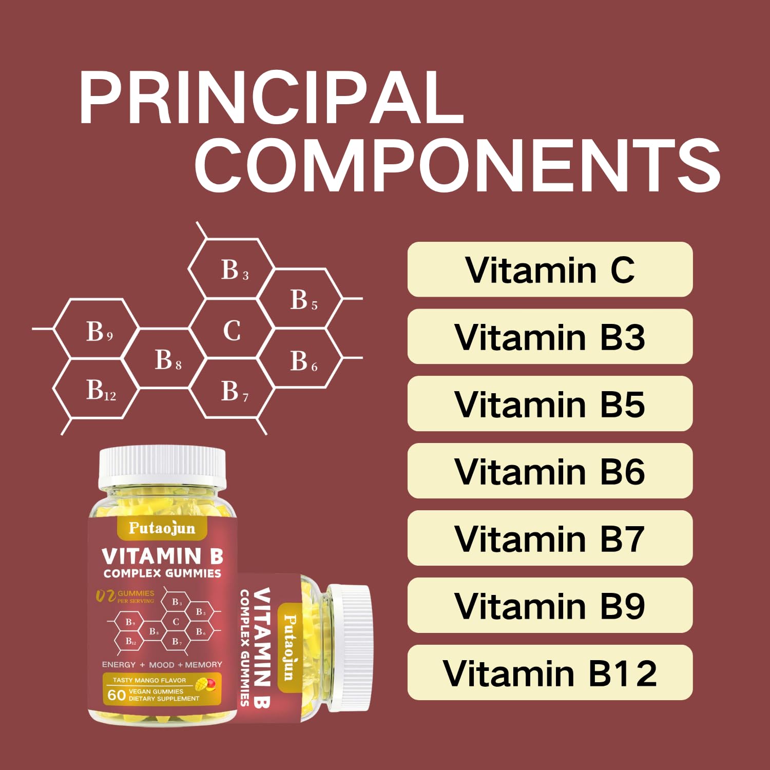 Putaojun Vitamin B Complex Gummies nutrition label close-up showing B vitamins.