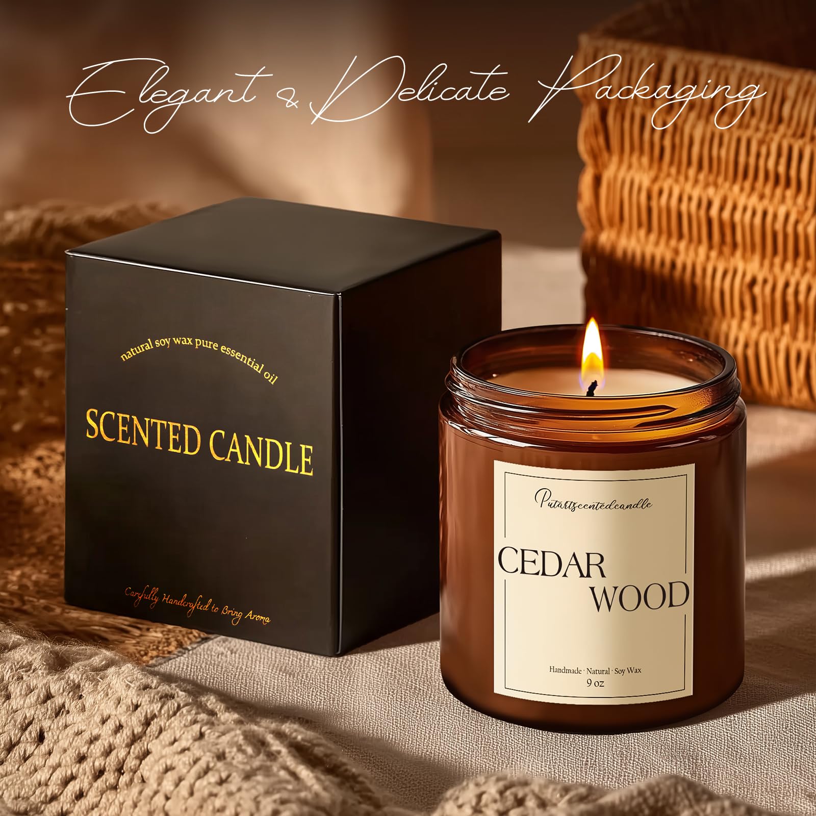 Putart cedar candle in living room creates a calming ambiance.