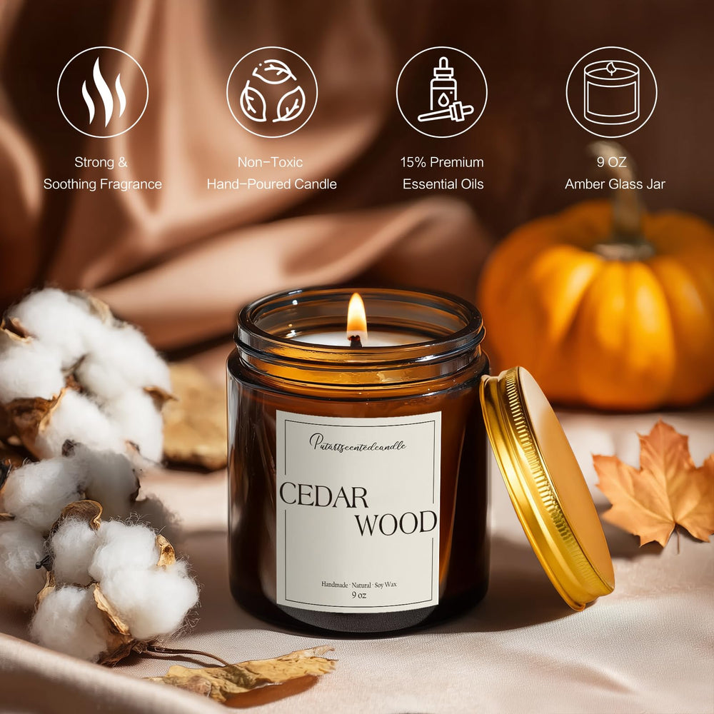 Putart Cedar Wood Candle wick close-up shows clean burn with lead-free cotton wick.