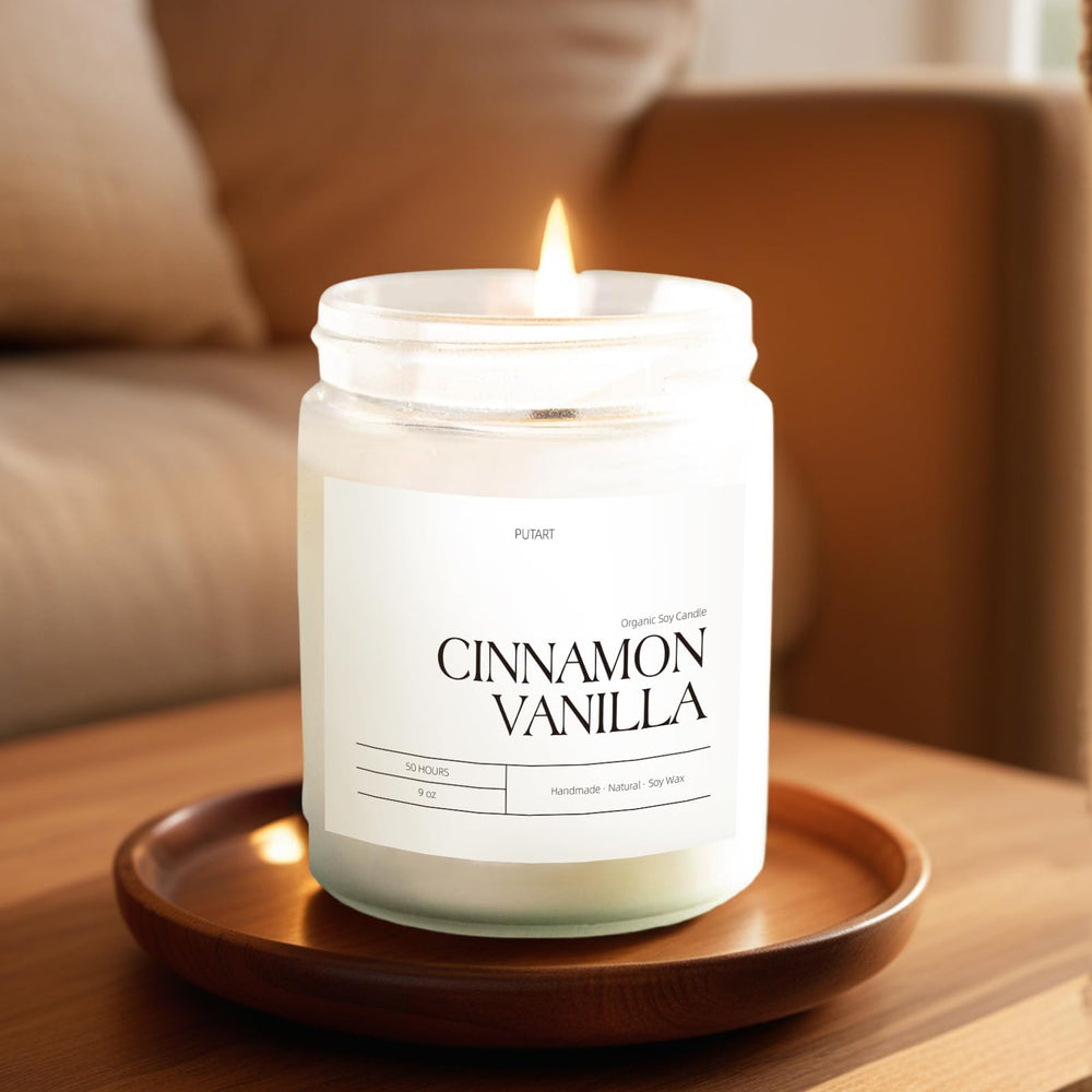 Putart Cinnamon Vanilla Candle jar frosted highlights elegant jar design