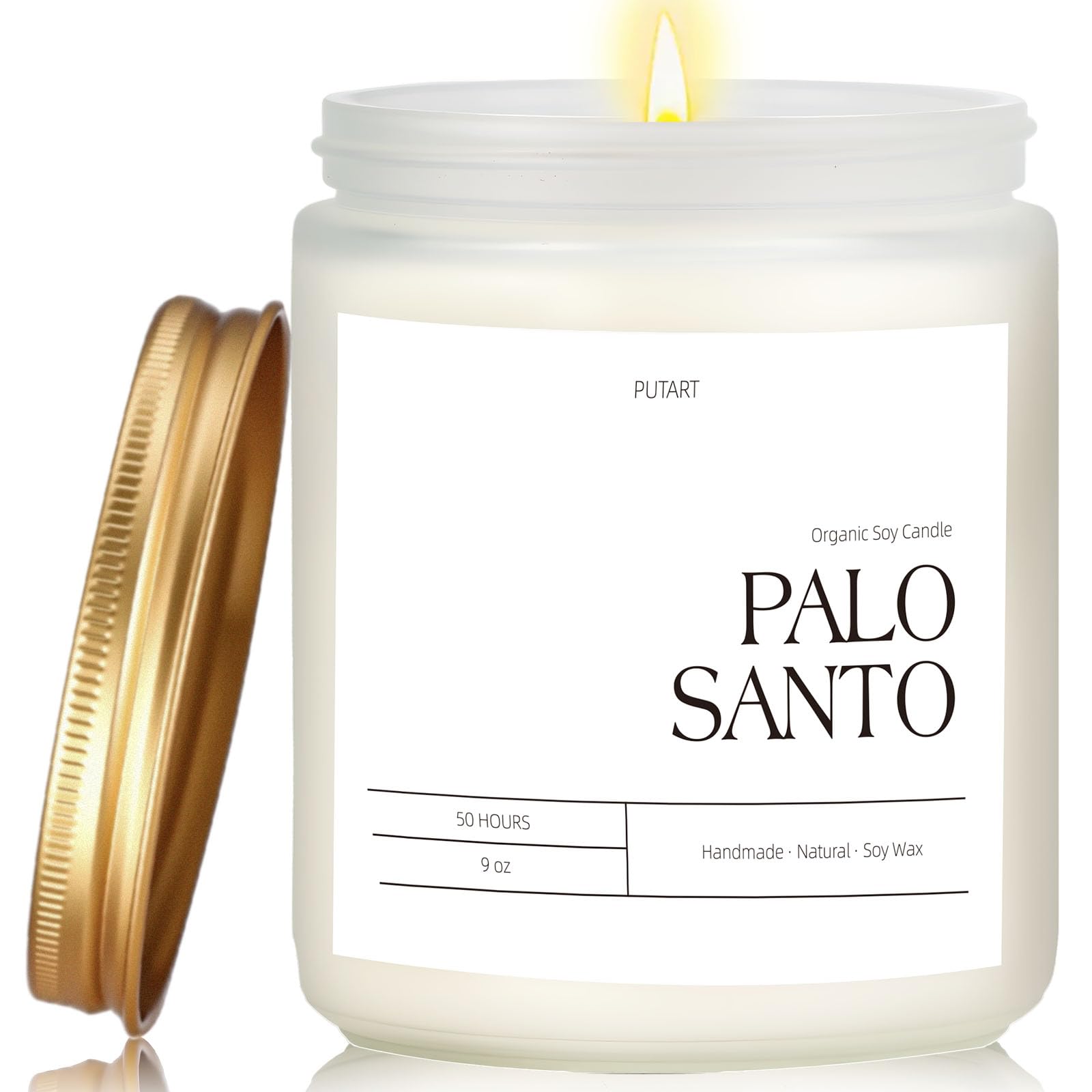 Putart Palo Santo 9oz candle in a jar delivers a relaxing, rich aroma.