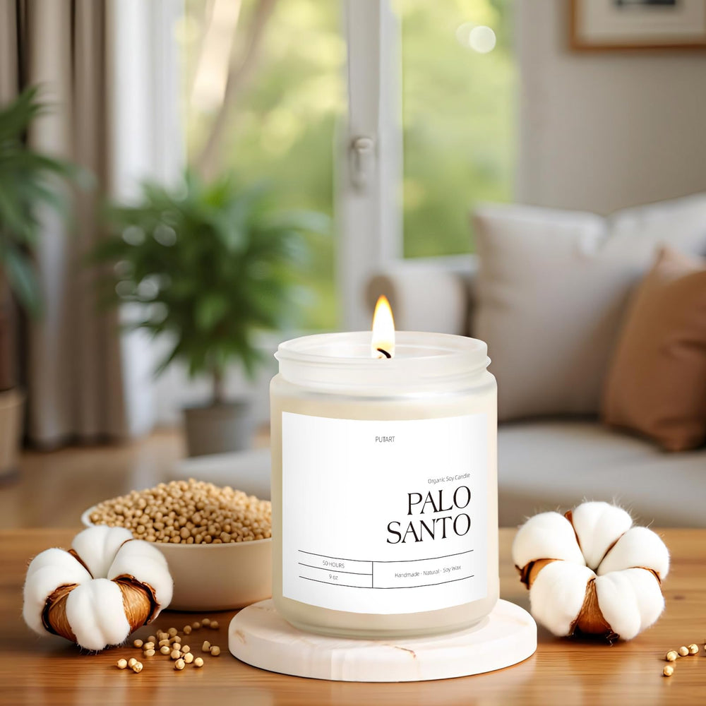Putart Palo Santo candle in meditation space enhances calm during yoga.