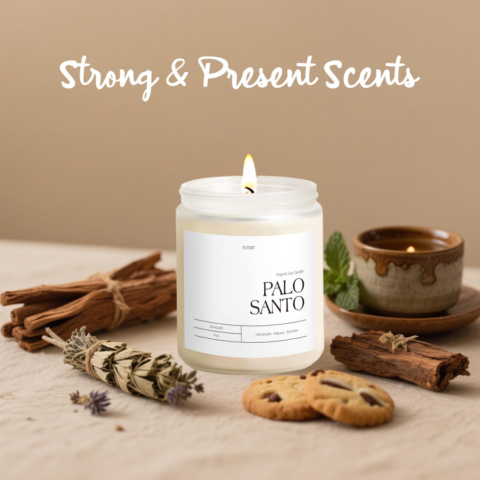 Close-up of Putart Palo Santo candle wax and essential oils for premium scent.
