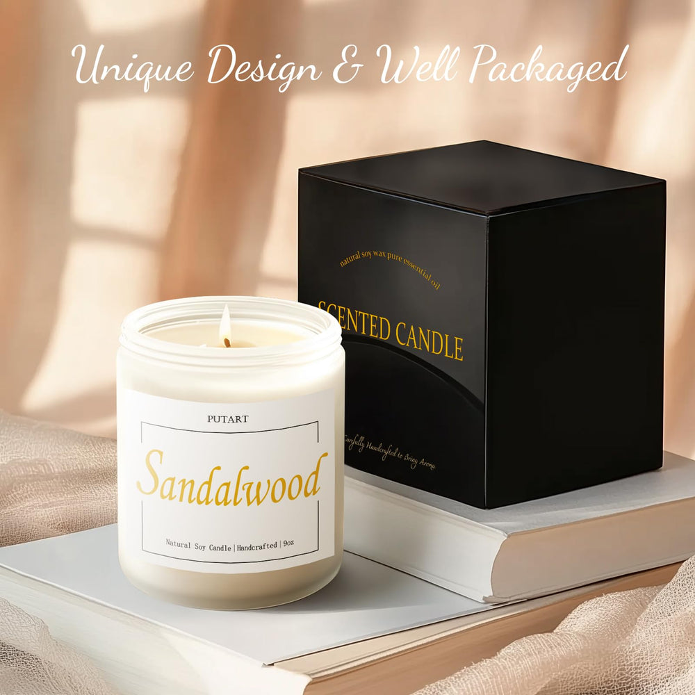 Putart sandalwood candle lid golden; premium packaging for gifting.