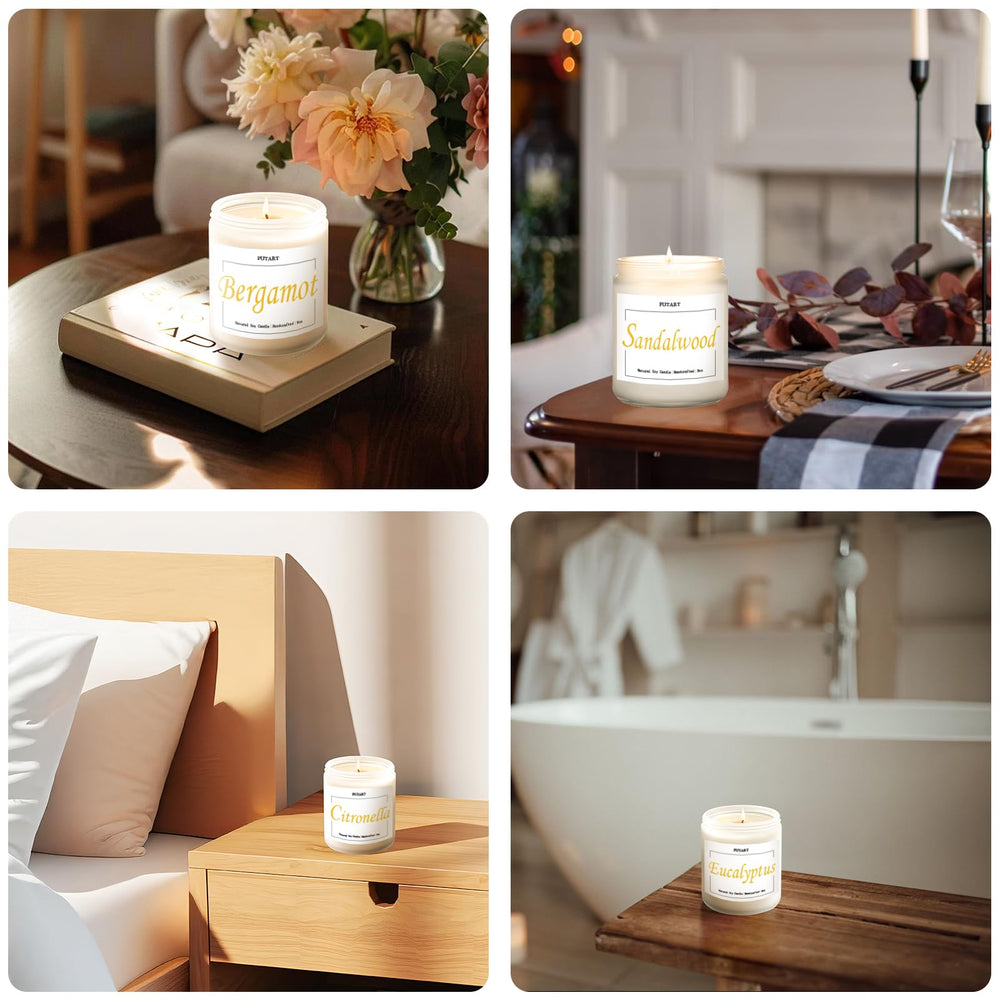 Putart sandalwood candle packaging; eco-friendly design for sustainable gifting.