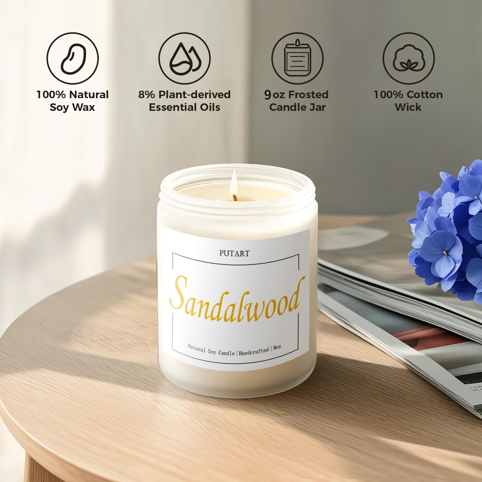 Putart sandalwood candle wick burn; clean, steady flame for focused evenings.