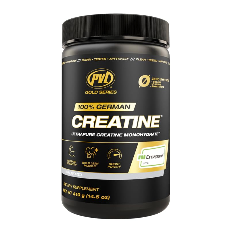 PVL Creapure Creatine bottle pouring for sustained power during workouts