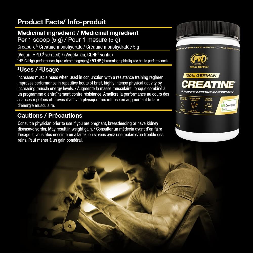 PVL Creapure Creatine in gym setting with dumbbells and timer