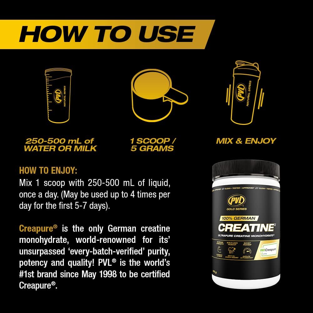 PVL Creapure Creatine powder texture in bowl suggests premium quality