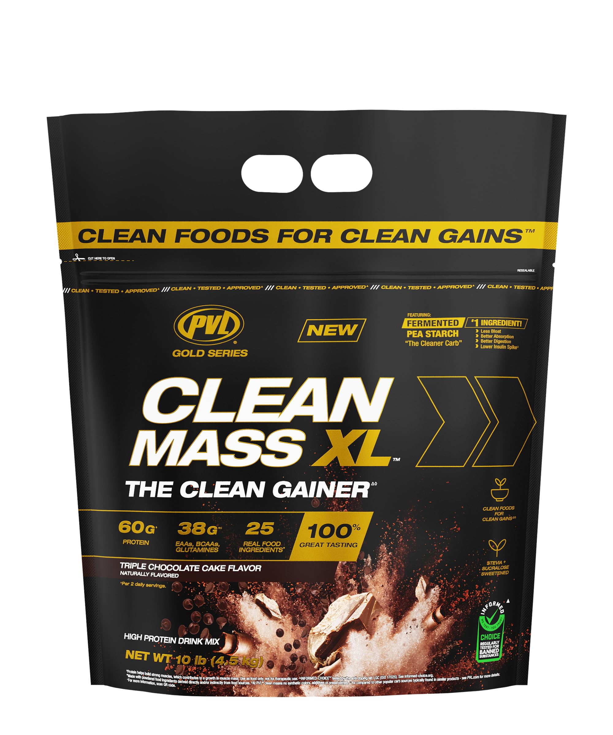 PVL Gold Series Clean Mass XL bottle packaging highlights protein blend.