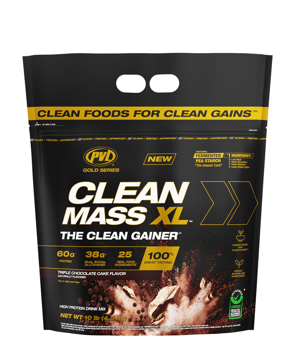 PVL Gold Series Clean Mass XL bottle packaging highlights protein blend.