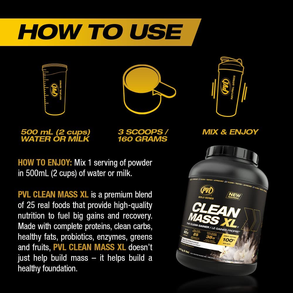 PVL Clean Mass XL real-food ingredients blend on kitchen counter.
