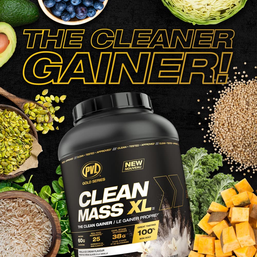 PVL Clean Mass XL scoop reveals high protein and amino acid profile.