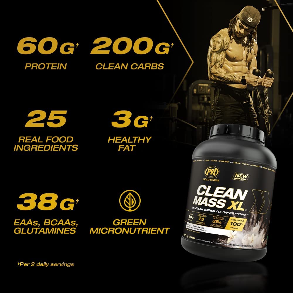 PVL Clean Mass XL shake being poured post-workout with Triple Chocolate Cake flavor.