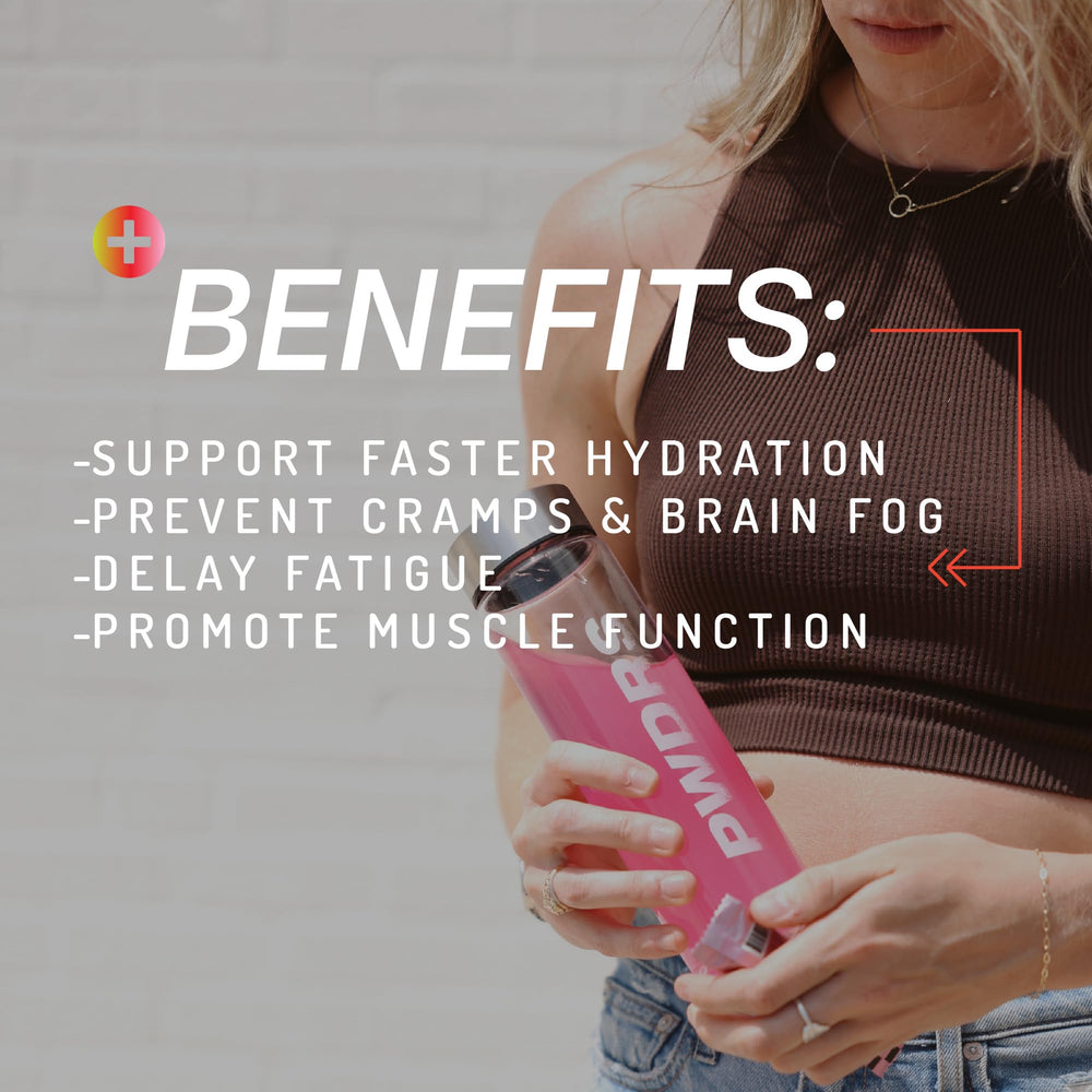 PWDRS Electrolytes bottle with ice showcases travel-friendly hydration.