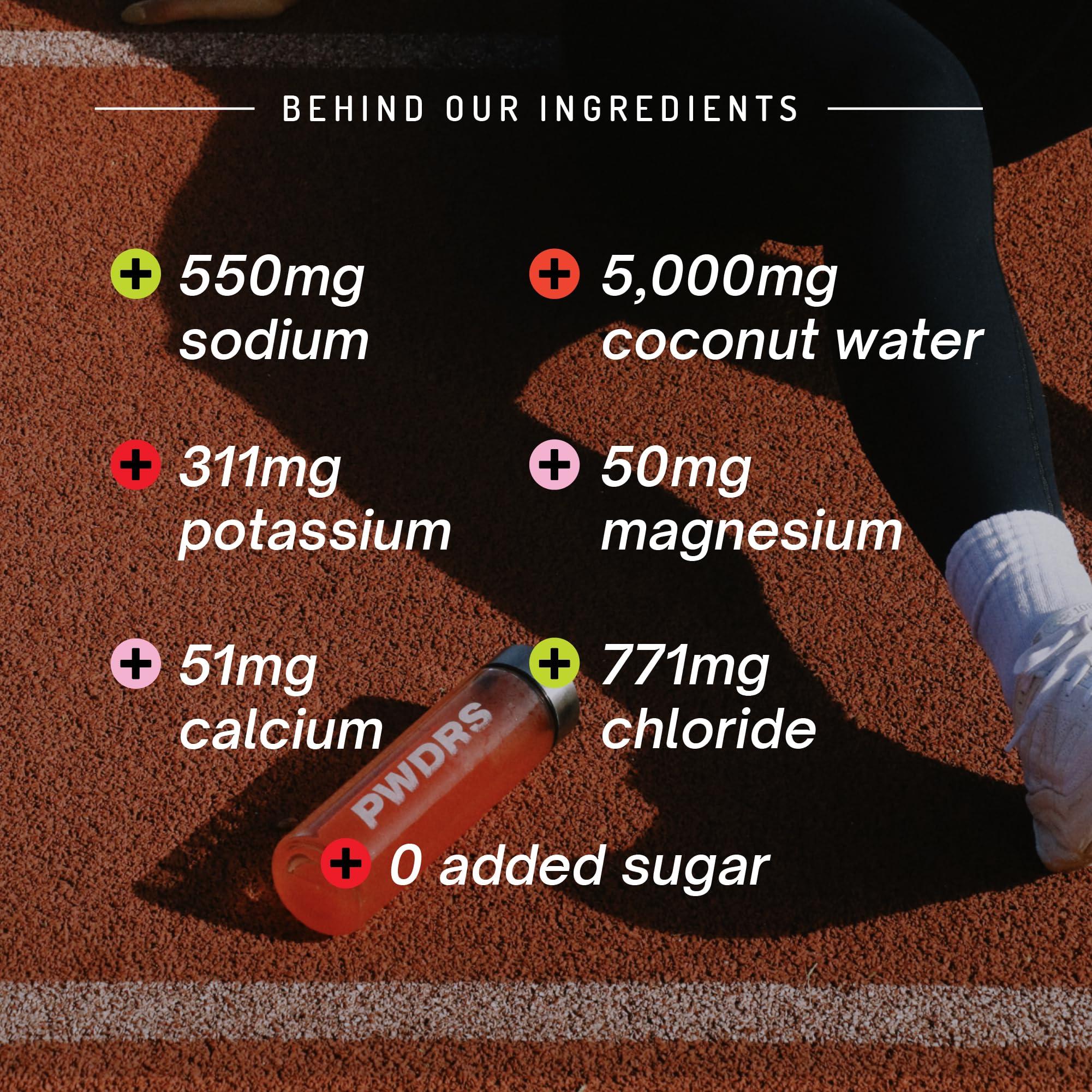 PWDRS Electrolytes ingredients panel highlights non-GMO, gluten-free nutrients.