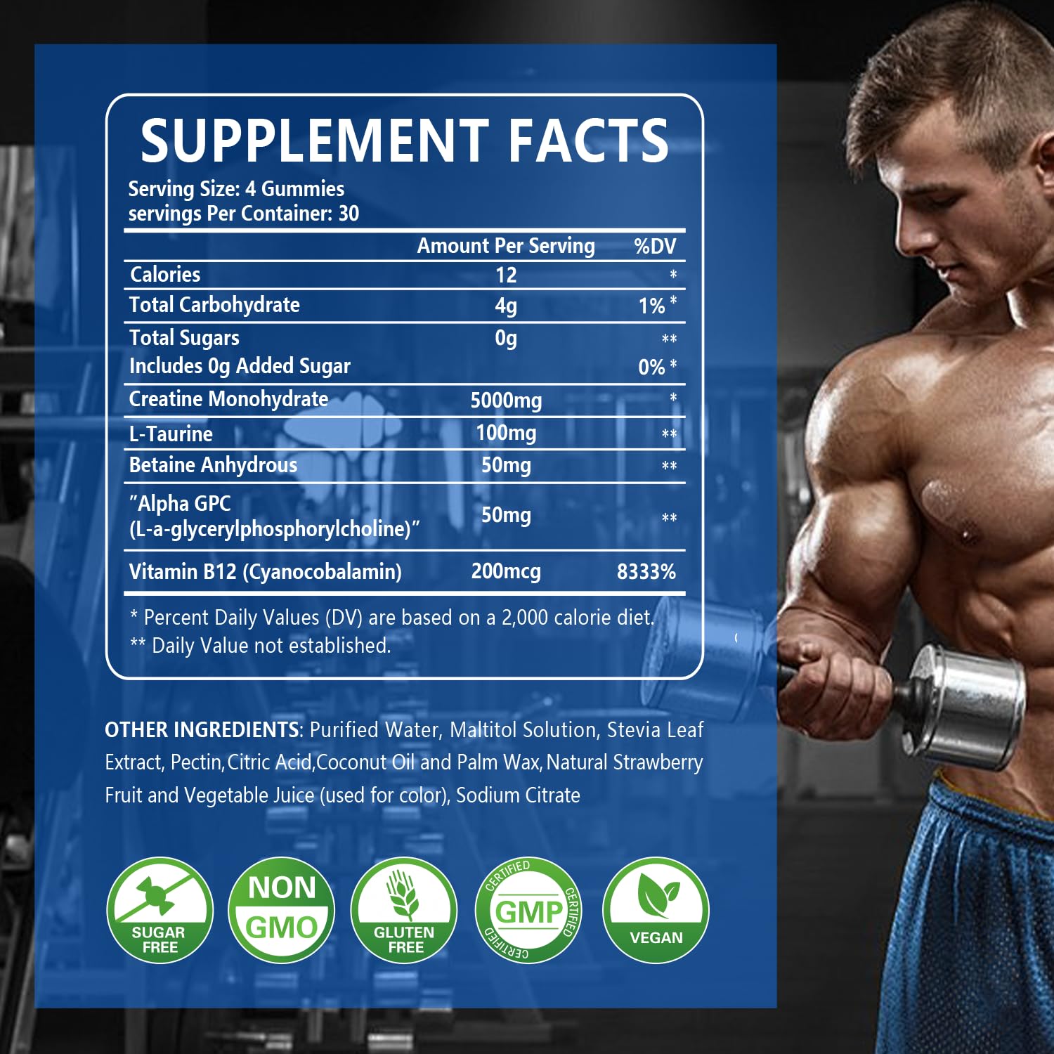 PWERD blueberry gummy serving shows 5g creatine per four gummies for convenient fueling