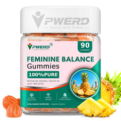 PWERD feminine balance pineapple gummies bottle front shows daily balance and freshness.