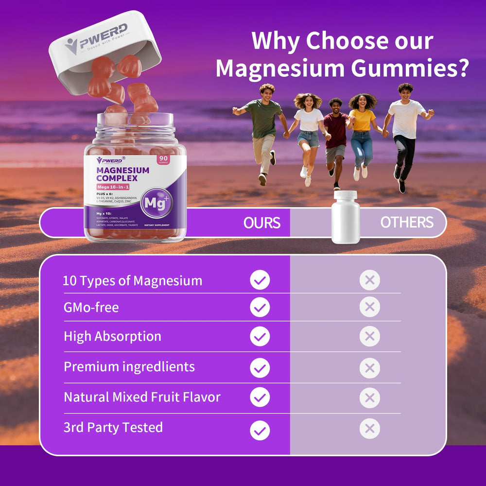 PWERD Mega16-in-1 night-time use image suggesting taking gummies 1–2 hours before bed