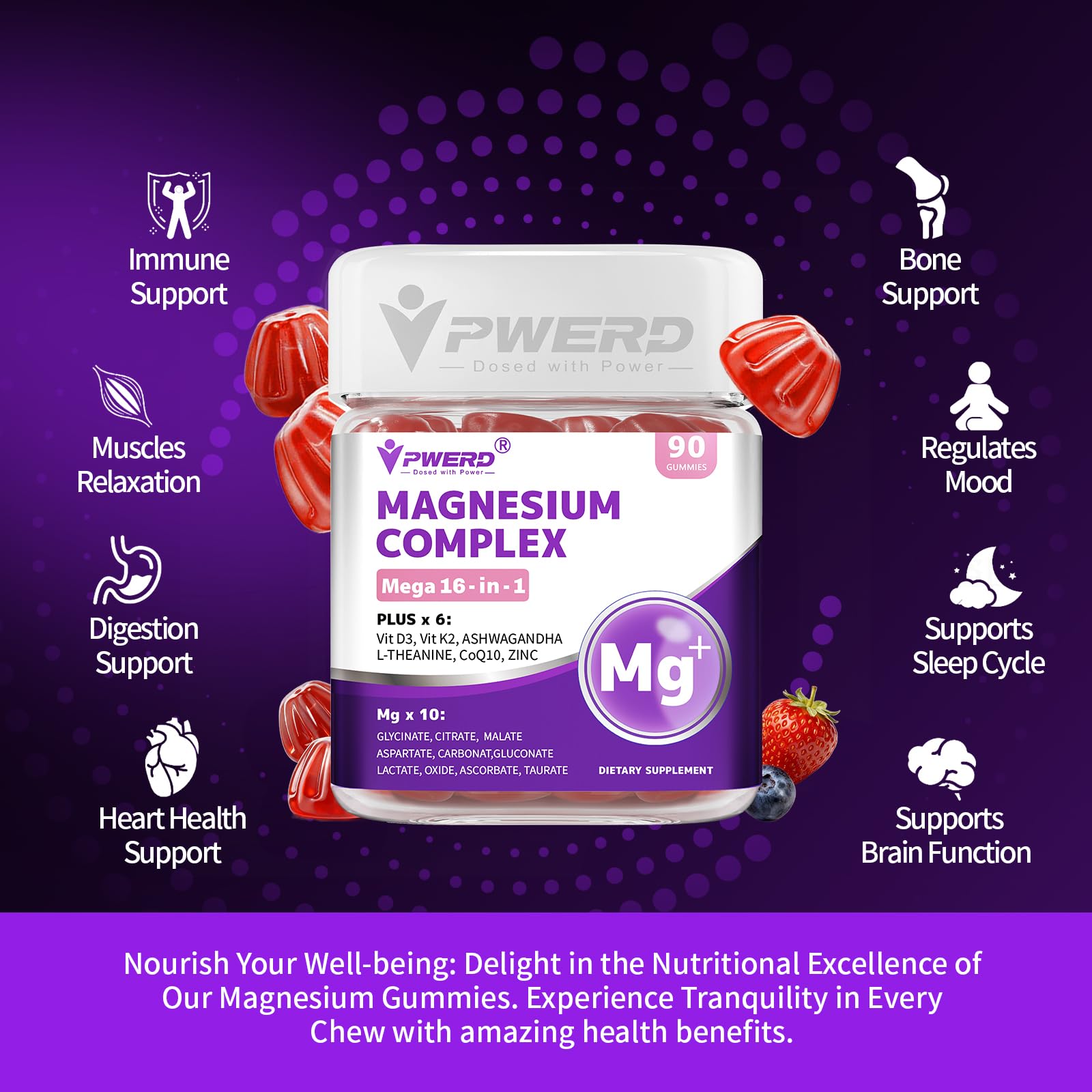 PWERD Mega16-in-1 gummies texture close-up showing chewable form and sugar-free appeal