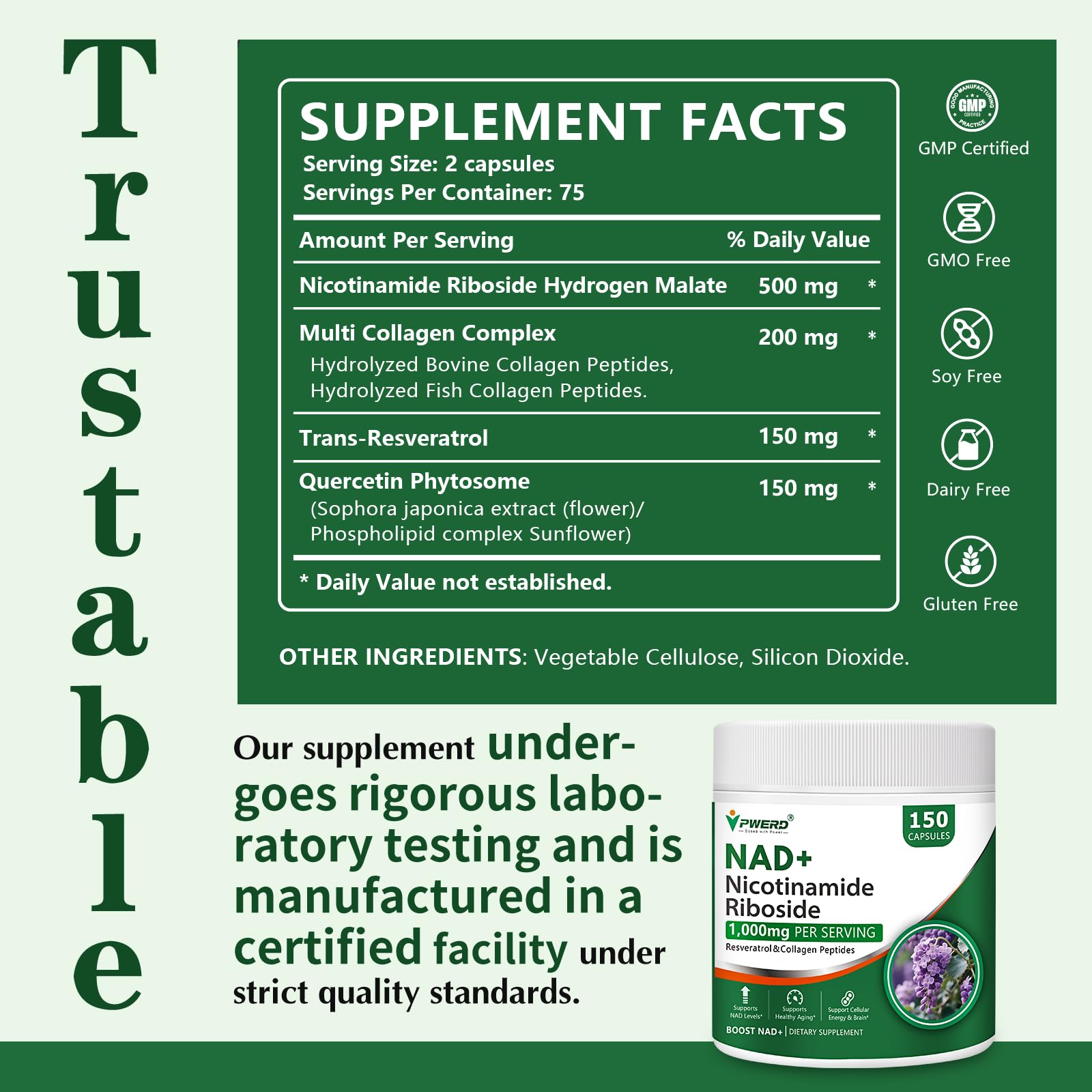 PWERD NAD+ Trans-Resveratrol bottle label showing NR and resveratrol ingredients