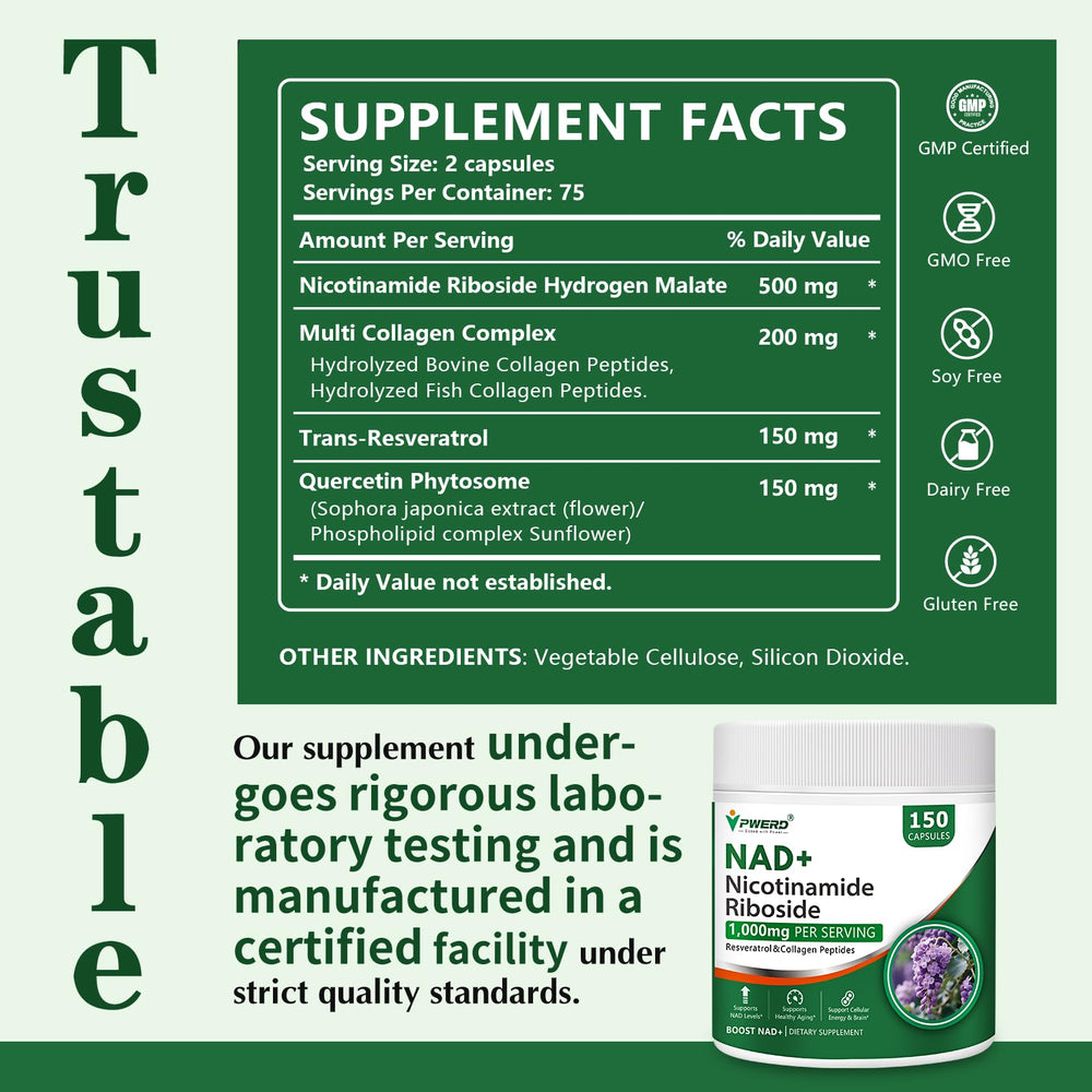 PWERD NAD+ Trans-Resveratrol bottle label showing NR and resveratrol ingredients