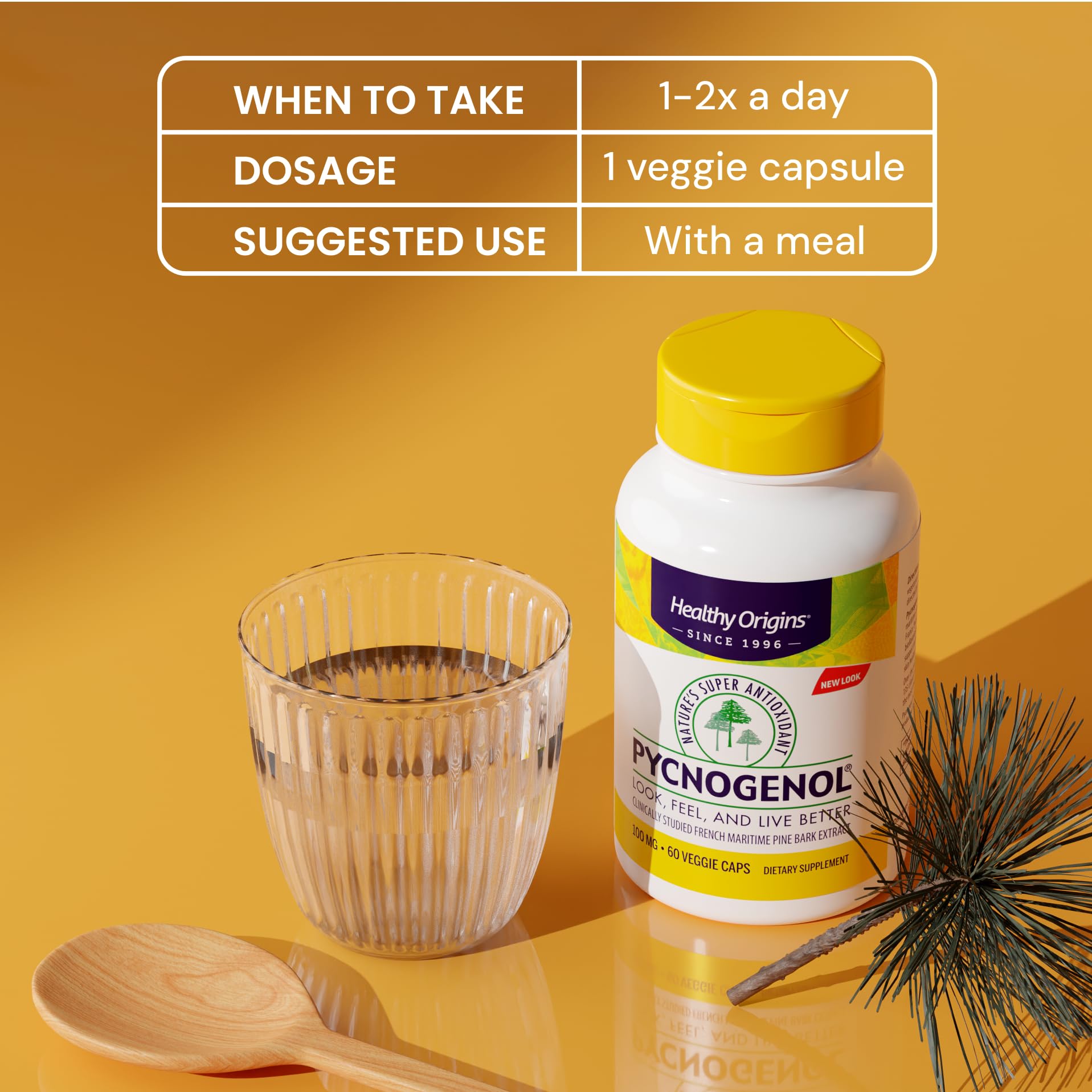 Pycnogenol 100 mg ingredients panel with procyanidins and phenolic acids