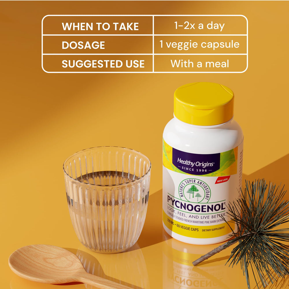 Healthy Origins Pycnogenol packaging indicating gluten-free and non-GMO