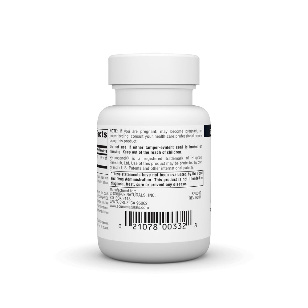 Pycnogenol 100 mg tablets close-up highlights convenient daily dosing.