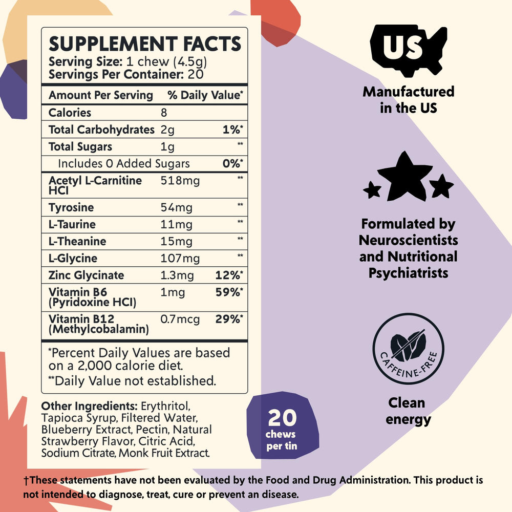 PYM Attention Chews bottle back view shows caffeine-free formula supporting mood.