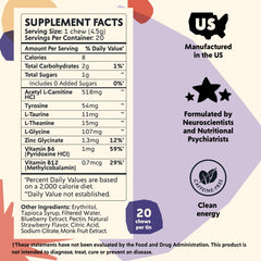 PYM Attention Chews bottle back view shows caffeine-free formula supporting mood.