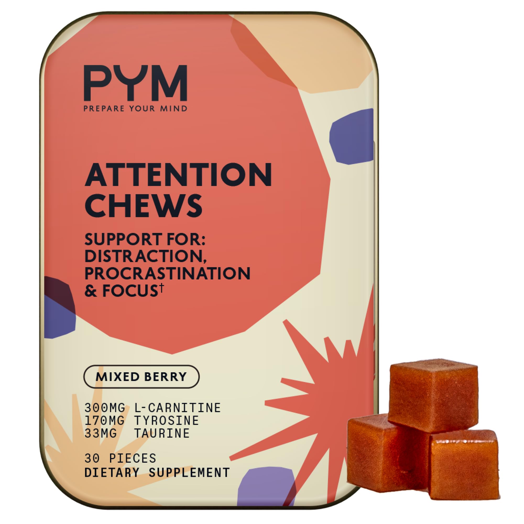 PYM Health Attention Chews bottle front view enhances calm focus for study sessions.