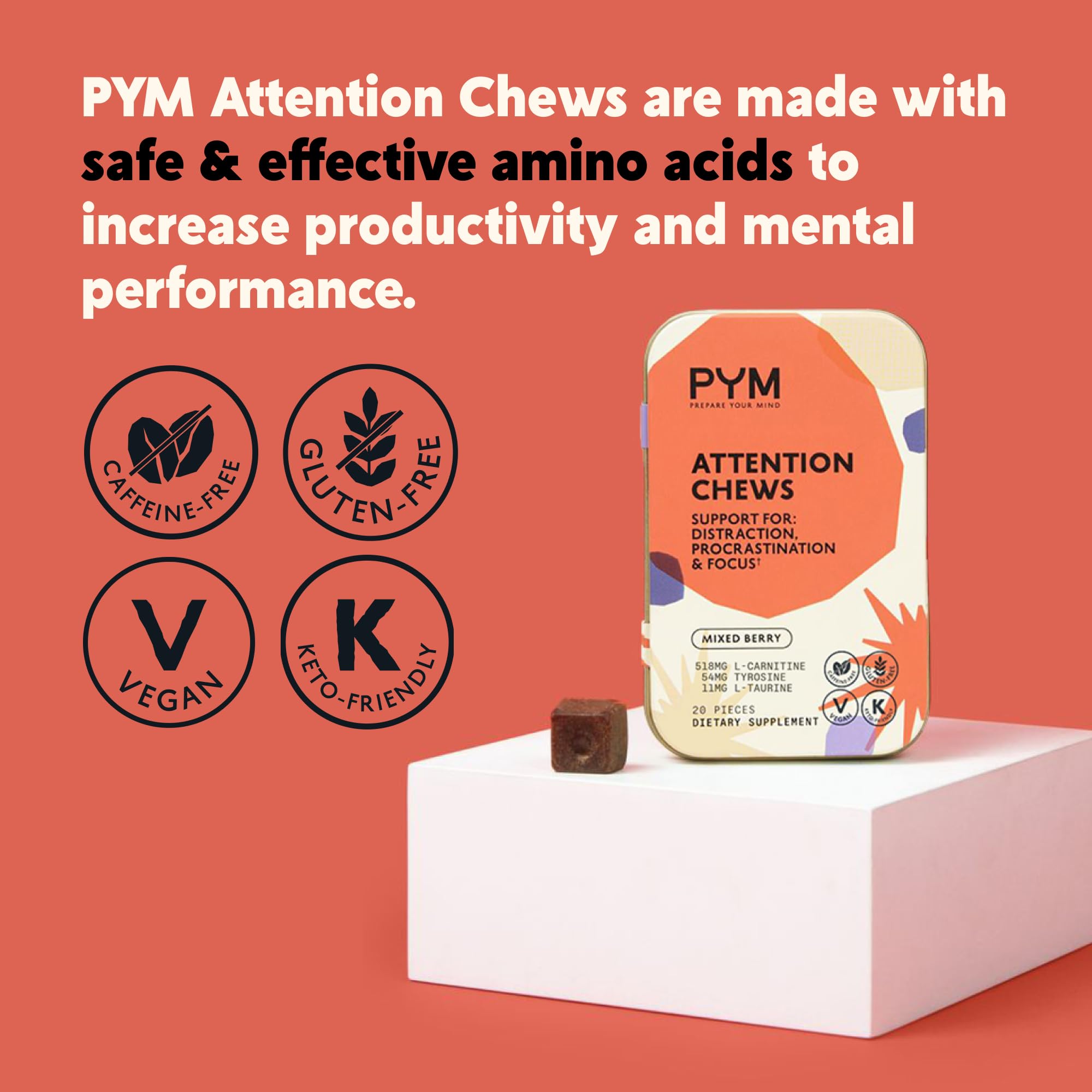 PYM Attention Chews packaging front highlights vegan, non-GMO ingredients for focus.