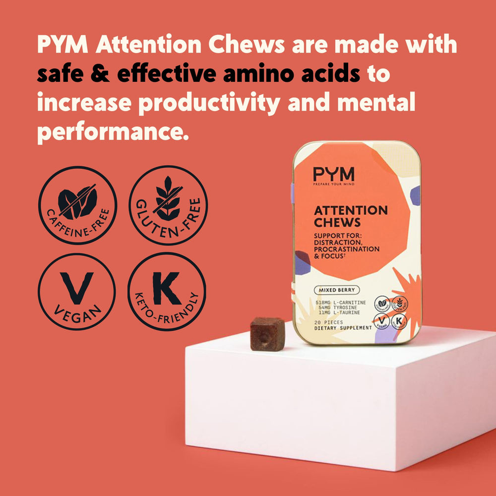 PYM Attention Chews packaging front highlights vegan, non-GMO ingredients for focus.