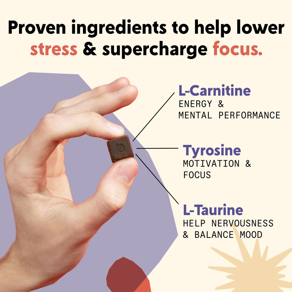 PYM Health Attention Chews serving on tablet demonstrates portable focus support.