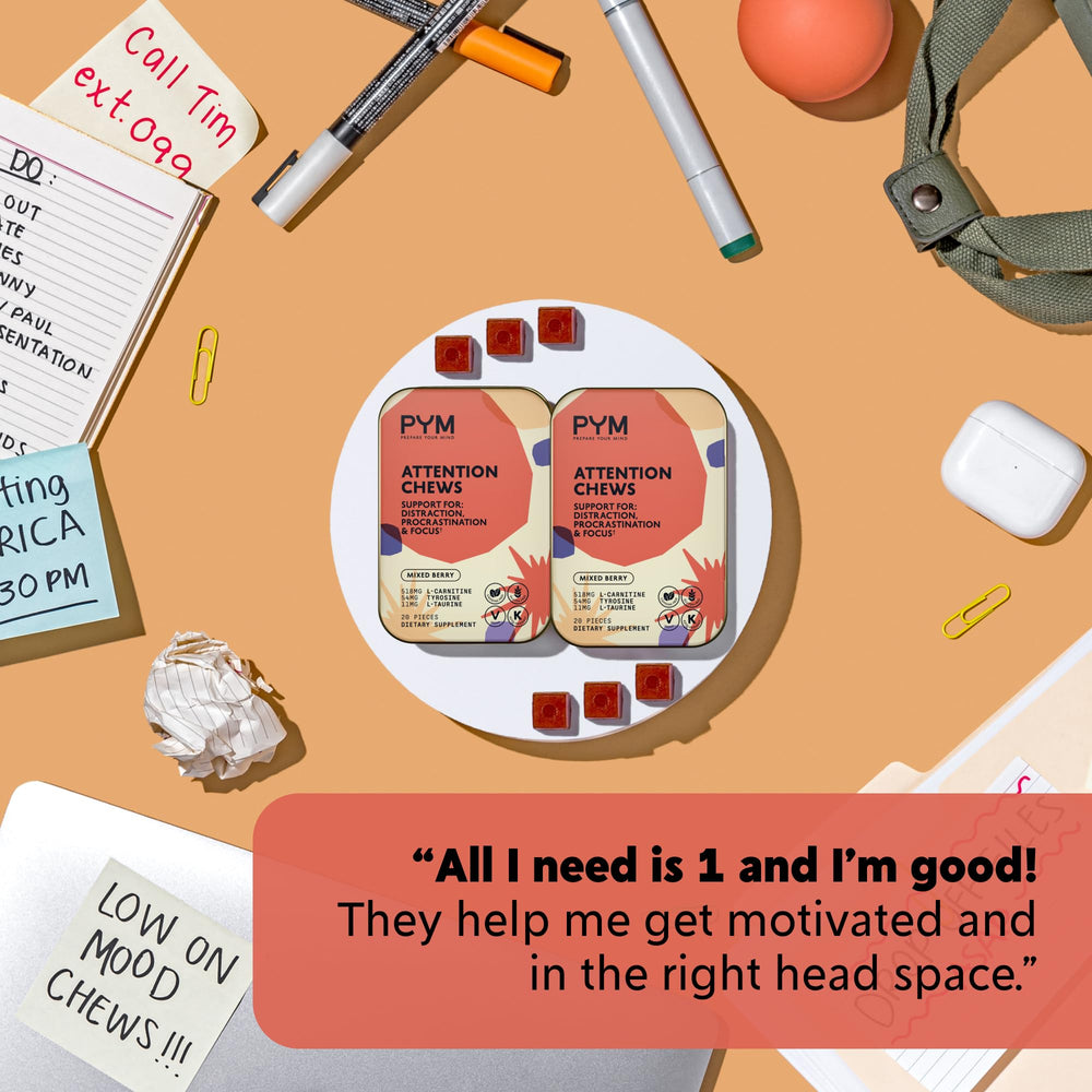 PYM Attention Chews texture close-up highlights berry flavor and sugar-free formula.