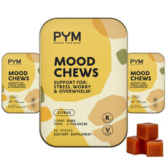 PYM Citrus Mood Chews bottle on desk for daily mood balance and stress support.
