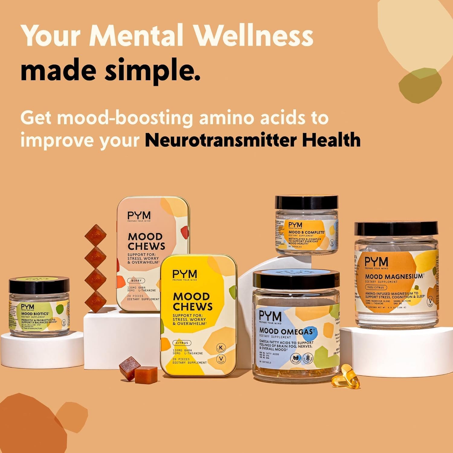 PYM Citrus Mood Chews in-hand shot suggests everyday stress management support.
